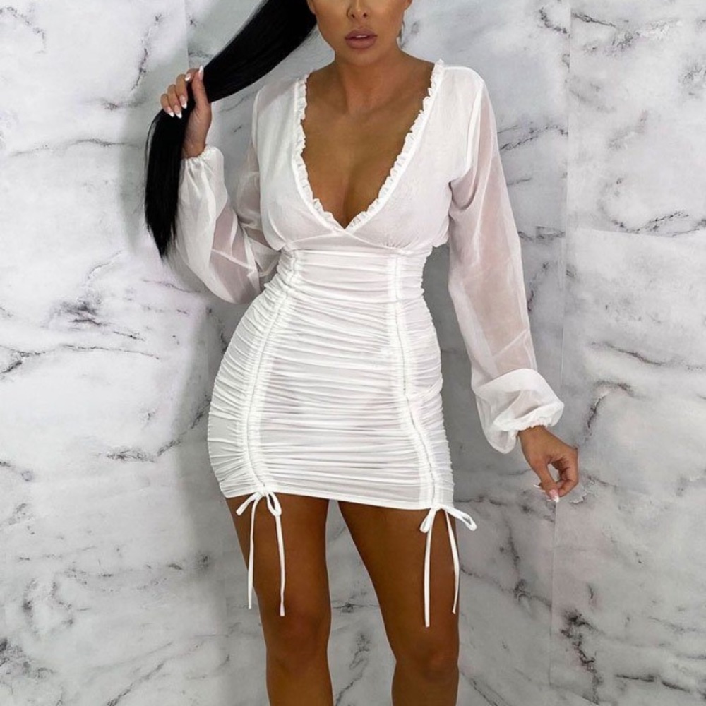 White Mesh Sleeve Ruched Bodycon Mini Dress